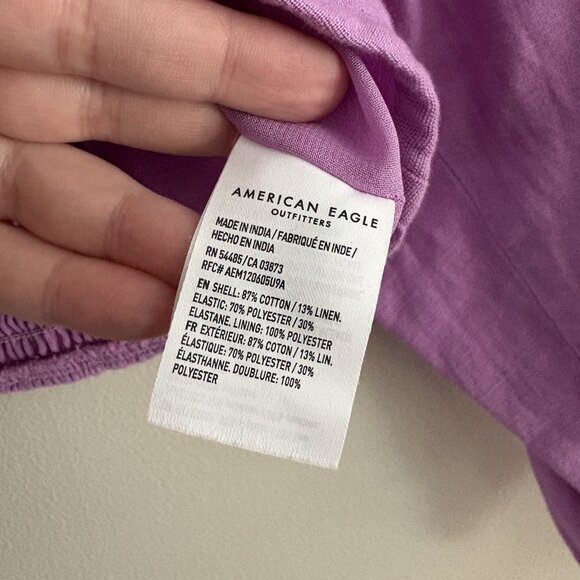 American Eagle Women S Purple Linen Blend Puff Sleeves Button Front Crop Top - Picture 7 of 10